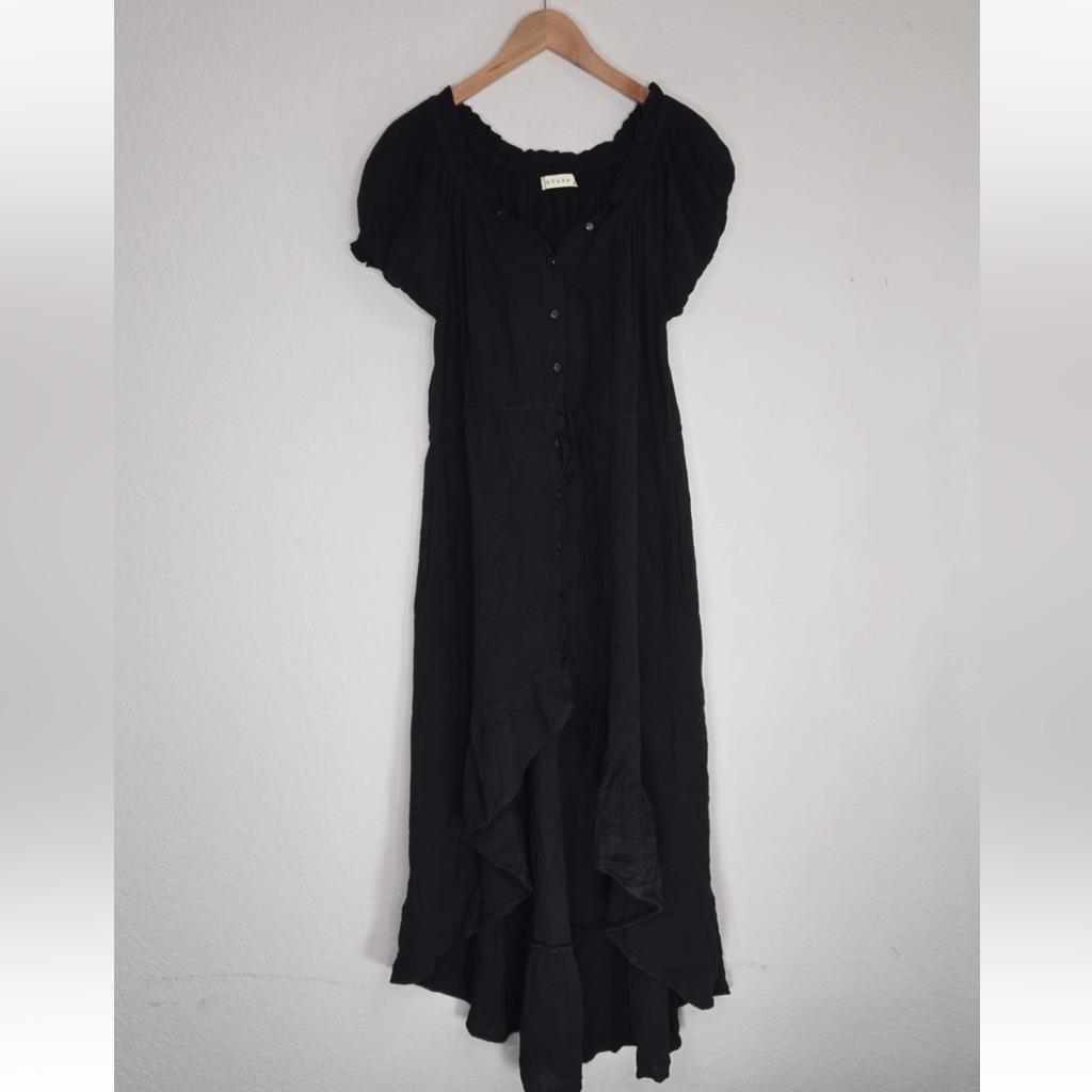 Stark X Black Caan Cotton Gauze V Neck Asymmetric Hem Midi Dress Size S Womens
